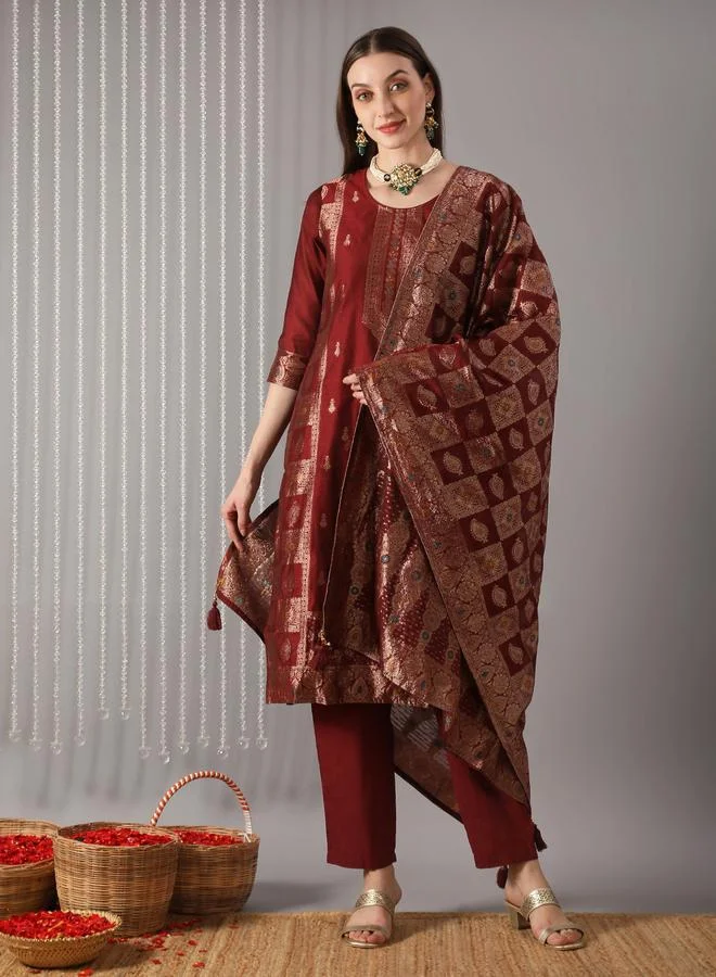 Globus  Women Maroon Ethnic Print Embroidered Straight Kurta with Pant and Dupatta Set for Women | Best Price UAE